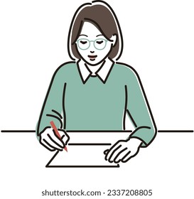 A woman with glasses filling in with a red pen