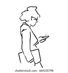 Woman with glasses and with gadget. Teacher holding phone and chatting sms. Business look female. Upper body. Side view. Black and white vector sketch. Simple drawing isolated on white background.