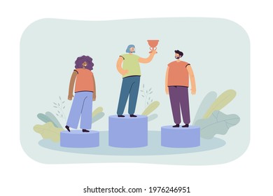 Woman in glasses getting first place in competition. Female and male persons on podium flat vector illustration. Award ceremony, sports, success concept for banner, website design or landing web page