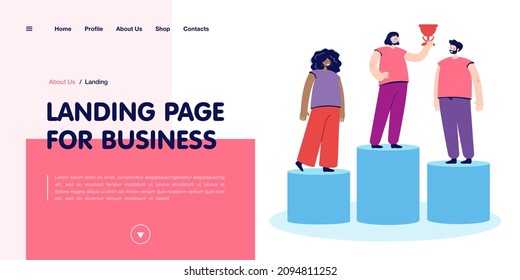Woman in glasses getting first place in competition. Female and male persons on podium flat vector illustration. Award ceremony, sports, success concept for banner, website design or landing web page