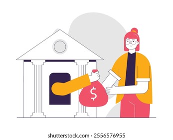 Woman with glasses getting a sack of money from the bank, saving and investing. Character design. Vector flat illustration