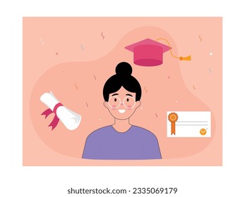 Woman in glasses graduating college with hat and certificate, university diploma student. Character design. Vector flat illustration