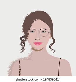 Woman with glasses. Half of the girl is normal, and half is distorted due to the lack of glasses, as a person would see without glasses.