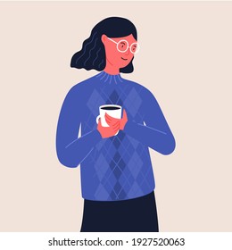 Woman in glasses hold cup of coffee. Girl with wavy hair in blue knitted sweater. Flat vector illustration