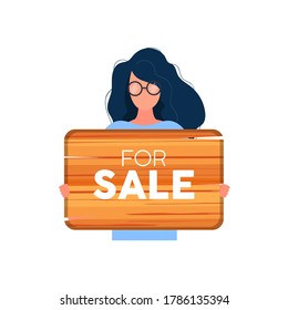 A woman with glasses holds a wooden sign with the inscription For Sale. Young woman holding wooden sign isolated on white background. Vector.