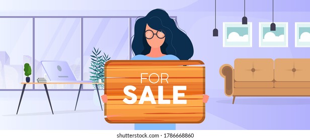 A woman with glasses holds a wooden sign with the inscription for sale. Young woman holding a wooden sign. The concept of selling an apartment, office or building. Vector.