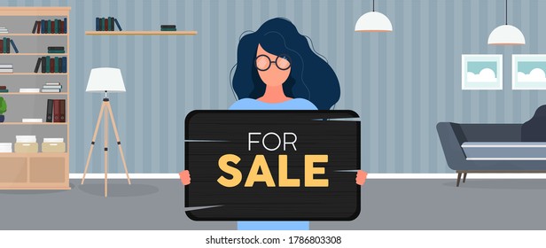A woman with glasses holds a wooden sign with the inscription for sale. Young woman holding a wooden sign. The concept of selling an apartment, office or building. Vector.