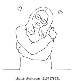 Woman with glasses hugging herself with hearts on white background. Hand drawn vector illustration. Black and white.
