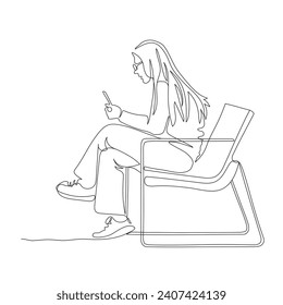 Woman in glasses and long hair sitting on park bench and talking on the phone. Single line drawing. Black and white vector illustration in line art style.