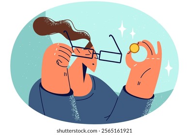 Woman in glasses look at golden coin shocked with small wage. Unhappy female in eyewear examine money coin. Finance and savings. Vector illustration.