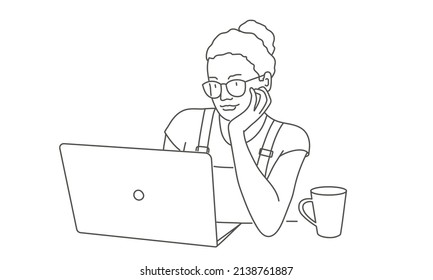 Woman in glasses looks at the data displayed on a laptop. Hand drawn vector illustration. Black and white.