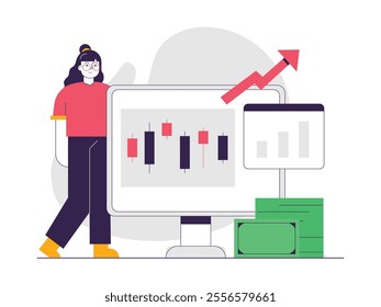 Woman with glasses is monitoring computer screen of global trade increase. Character design. Vector flat illustration