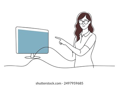 
A woman in glasses pointing at a screen Hand drawn offset fill with doodle illustration