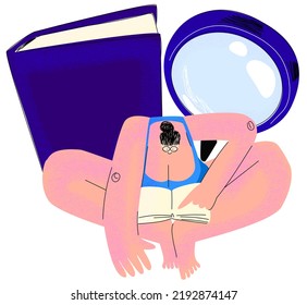 A woman with glasses reads a book enthusiastically. The concept of enthusiastic learning, analysis, search for the right material. Girl with disproportionate body and texture in vector format.