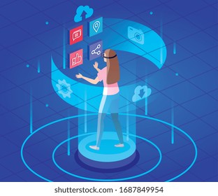 woman with glasses of reality augmented and social media icons vector illustration design