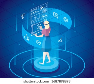 woman with glasses of reality augmented and social media icons vector illustration design