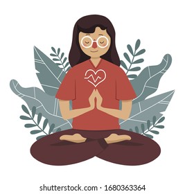 Woman in glasses and red t-shirt meditating in nature and leaves. Concept illustration for yoga, meditation, relax, recreation, healthy lifestyle. Cute vector illustration in flat cartoon style. EPS10