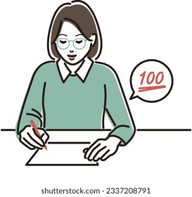 A woman with glasses scoring with a red pen