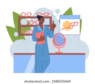 Woman in glasses shop. Young girl in medical uniform with glasses. Ophthalmologist and optician. Equipment for vision correction. Healthcare and medicine. Flat vector illustration