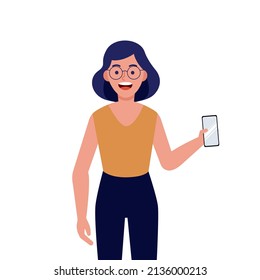 Woman with glasses showing her smartphone, screen