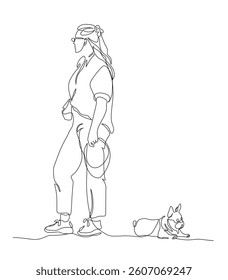 Woman in glasses standing and dog laying. Looking at opposite directions. Back view. Continuous line drawing. Black and white vector illustration in line art style.