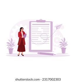 Woman in glasses, standing, holding a clipboard and pen, writing and taking notes. Trend Modern vector flat illustration.