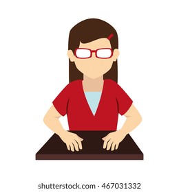 woman glasses student on desk hands hair uniform front head vector graphic isolated and flat illustration