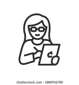 Woman In Glasses With A Tablet, Linear Icon. Editable Stroke