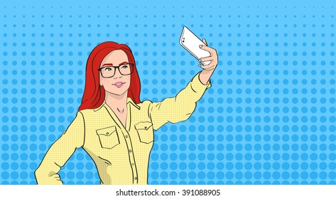 Woman In Glasses Taking Selfie Photo On Smart Phone Pop Art Colorful Retro Style Vector Illustration