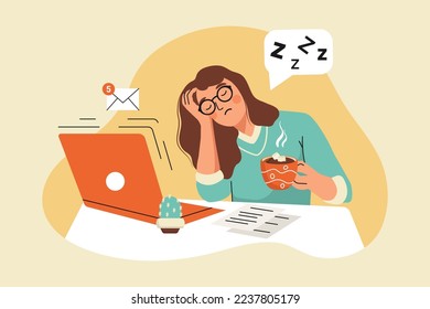 Woman with glasses is Tired of working on a Laptop. The girl wants to Sleep. She holds a cup of Coffee in her hands and falls Asleep. Vector illustration on the theme of eye health and Fatigue. 