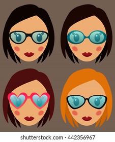 Woman in glasses vector set illustration. Woman web media element collection