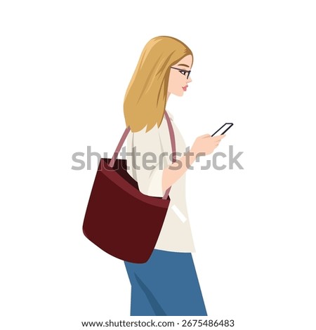 Woman with glasses walking while looking at her smartphone, carrying a large shoulder bag. Flat vector illustration isolated on white background