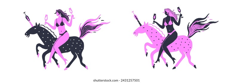 Mujer con copas de vino en bikini montando un unicornio manchado, ilustración vectorial dibujada a mano. Etiqueta extraña para una bebida.