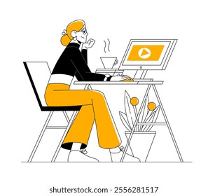 Woman with glasses works with computer in office desktop. Freelance girl in home office doing job. Doodle black and yellow vector illustration. Female character watching video.