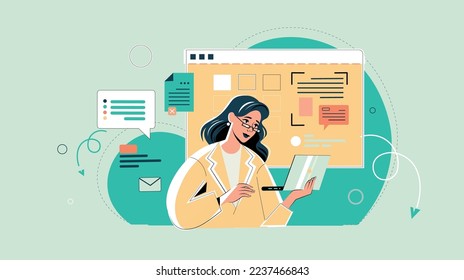 A woman with glasses and a yellow jacket works in an office, writes on a laptop. In the turquoise background, messages, notes and work tasks
