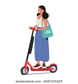 Mujer Se Desliza Sin Problemas Por Las Calles De La Ciudad En Una Scooter Eléctrica. Personaje Femenino Joven Y Feliz Que Encarna La Movilidad Urbana Y Los Viajes Ecológicos. Ilustración vectorial de personas de dibujos animados