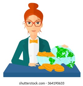 Woman with globe full of money.