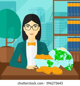 Woman with globe full of money.