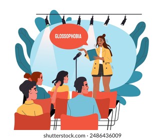 Woman with glossophobia. Young girl speaks in front of audience with fear. Unconfident orator and public speaker. Mental and psychological problems. Cartoon vector illustration