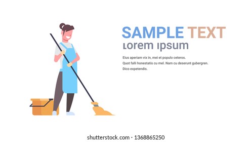 woman in gloves and apron washing floor girl using mop housewife doing housework cleaning concept flat horizontal copy space white background full length