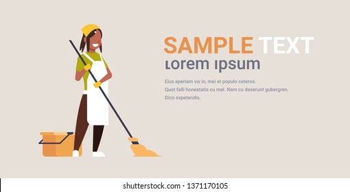 woman in gloves and apron washing floor african american girl using mop housewife doing housework cleaning concept flat horizontal copy space full length