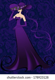 Woman in gloves and an elegant long purple dress
