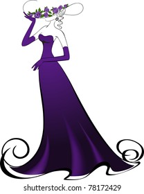 Woman in gloves and an elegant long purple dress