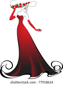 Woman in gloves and an elegant long red dress