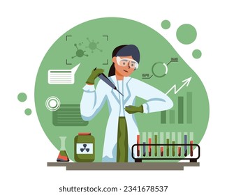 Woman in gloves holding pipette and provide research. Production of substances in laboratory. Chemical and laboratory research concept. Flat vector illustration in green colors