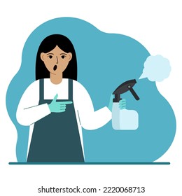A woman in gloves holds a spray bottle with disinfectant liquid, antiseptic or detergent. Home disinfection and hygiene. Vector flat illustration.