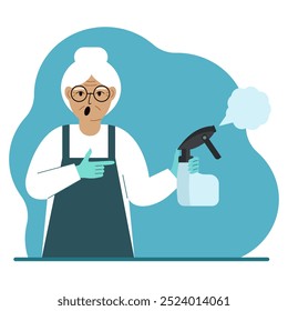 A woman in gloves holds a spray bottle with disinfectant liquid, antiseptic or detergent. Home disinfection and hygiene. Vector flat illustration.