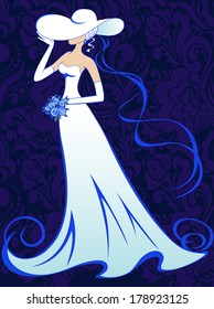 Woman in gloves and a long dress on a dark background