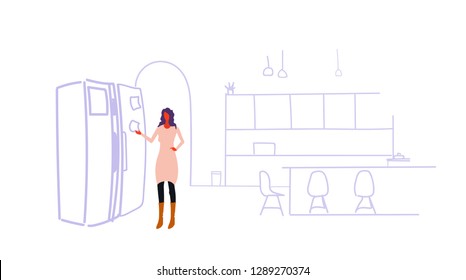 Woman Glueing Empty Paper Sheet On Refrigerator Door Casual Girl Pointing Sticky Note Fridge Standing Modern Kitchen Interior Sketch Doodle Horizontal