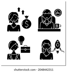 Woman glyph icons set. Boss, startup creator, venture capitalist, entrepreneur. Successful woman concept. Filled flat signs. Isolated silhouette vector illustrations